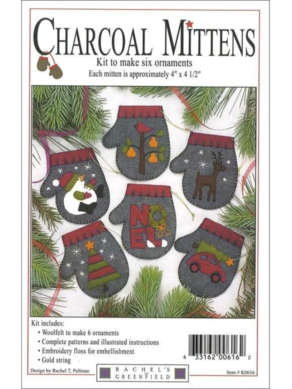 Charcoal Mittens 4 x 4.5 Inches Felt Applique Christmas Ornament Kit Set of 6 Ch